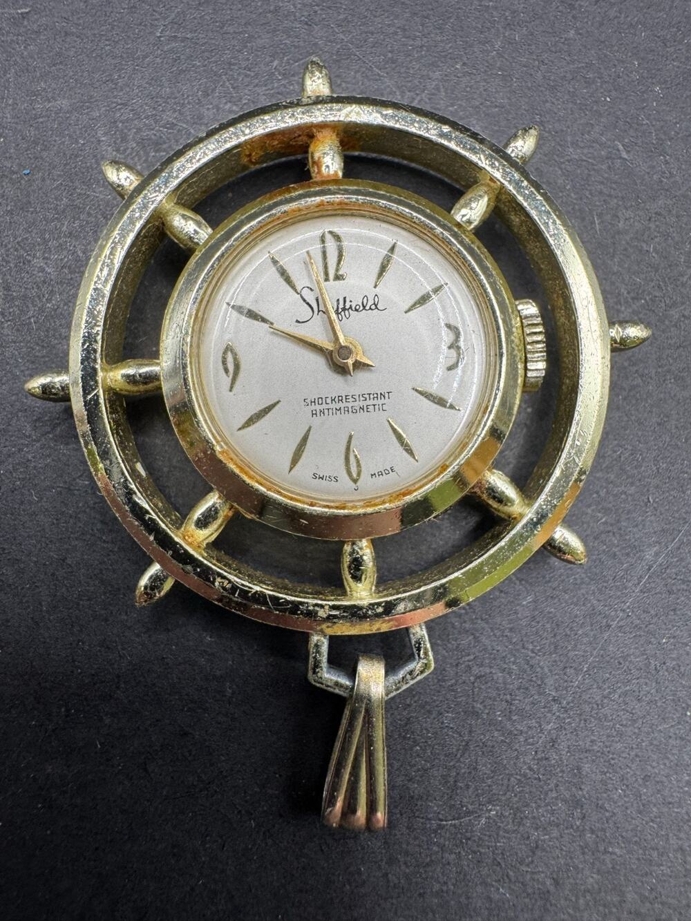 Vintage Sheffield Ship's Wheel Pendant Watch Gold Tone Shock Resistant 17.5mm